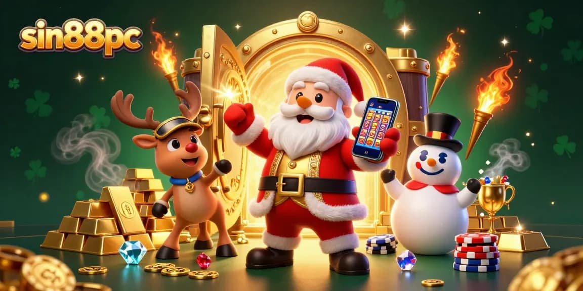 Spin to win with sin88pc as Santa and friends celebrate in a festive casino.