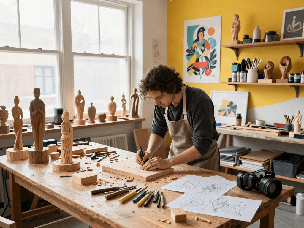 Momen kreatif artis yang membuat patung kayu alexistogel di studio seni terang.