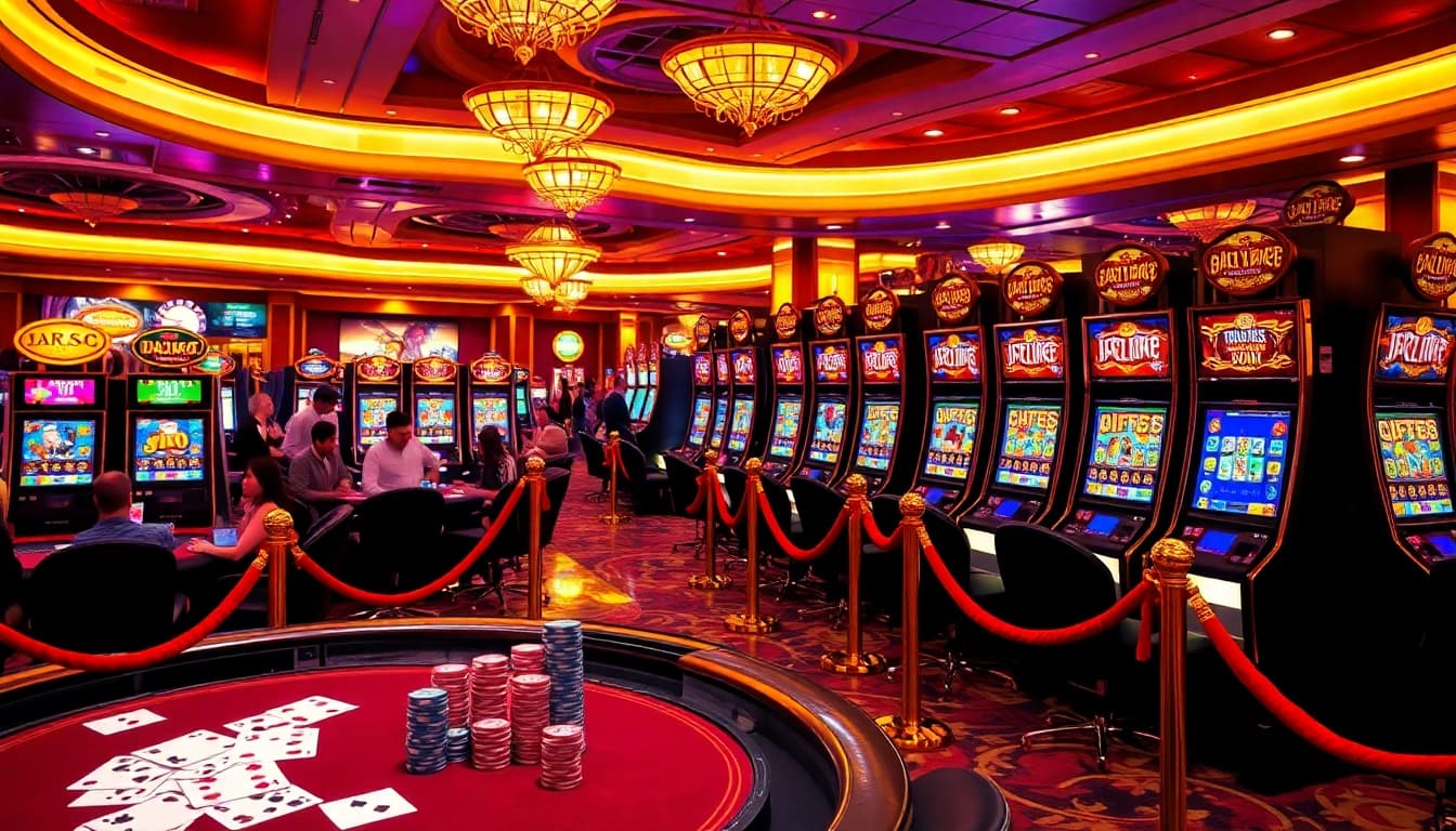 Engaging scene of link alternatif slot gaming with bright slot machines and excited players.