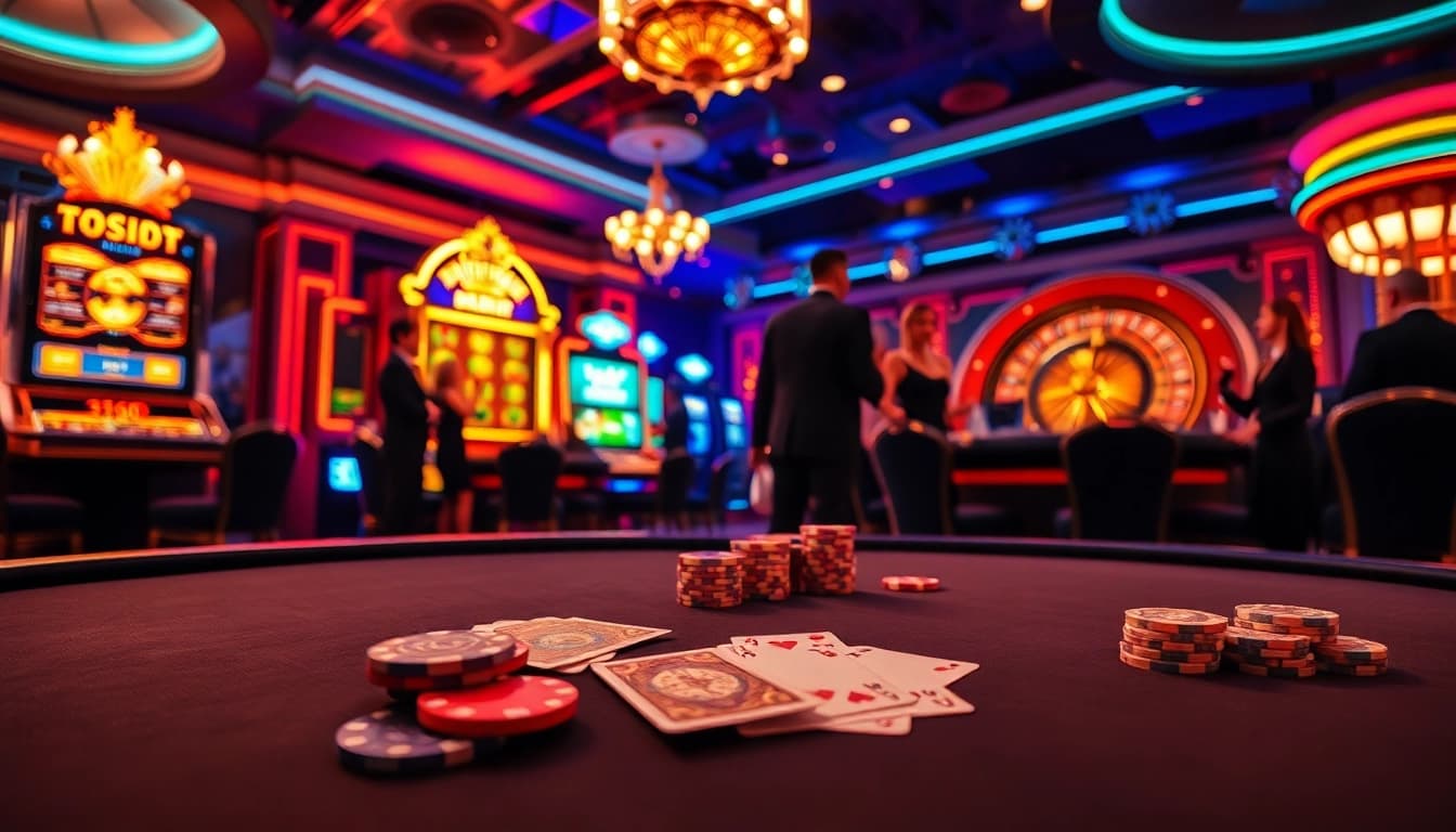Experience the thrill of S8 gaming at a luxurious casino with vibrant poker tables and spinning roulette wheels.