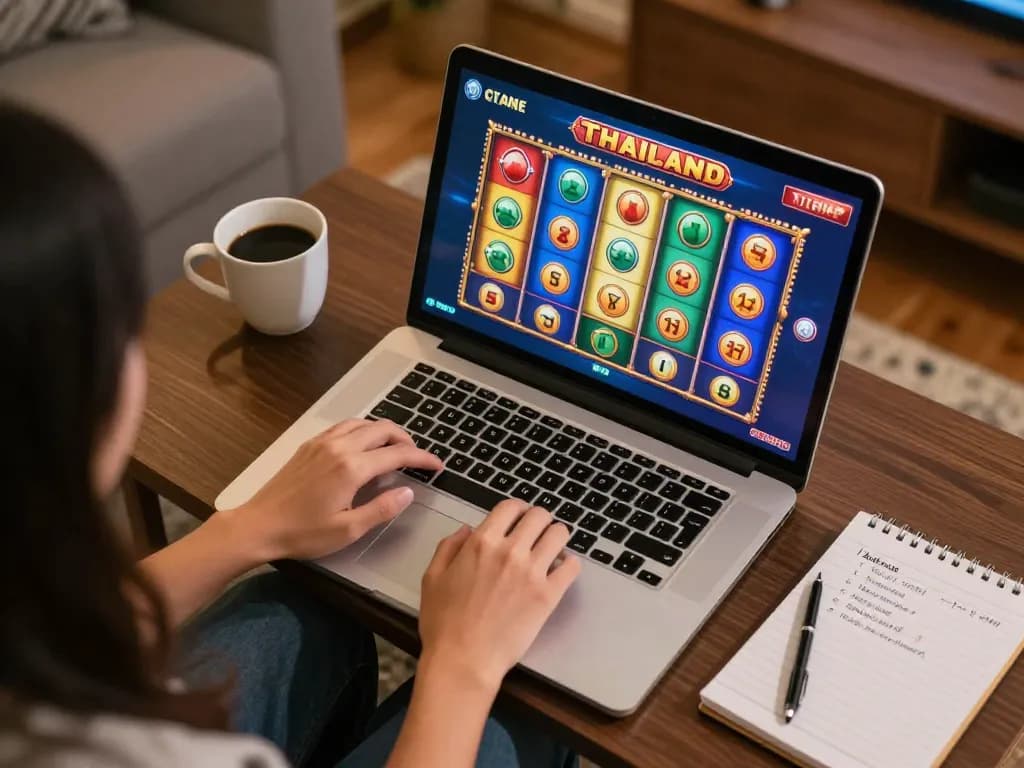 Engaging online gaming experience with slot thailand gameplay on a laptop in a cozy home setting