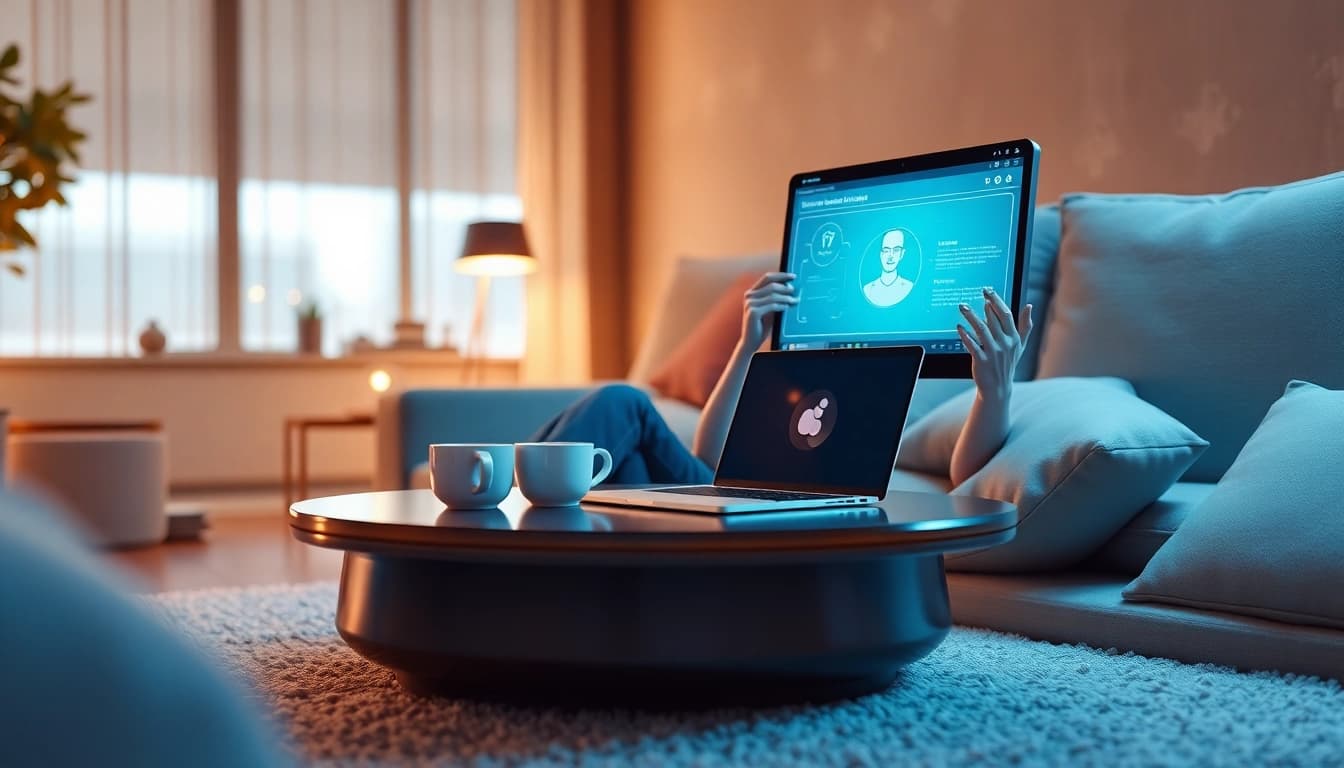 Engaging visual of a user interacting with a crush ai companion in a modern living room.