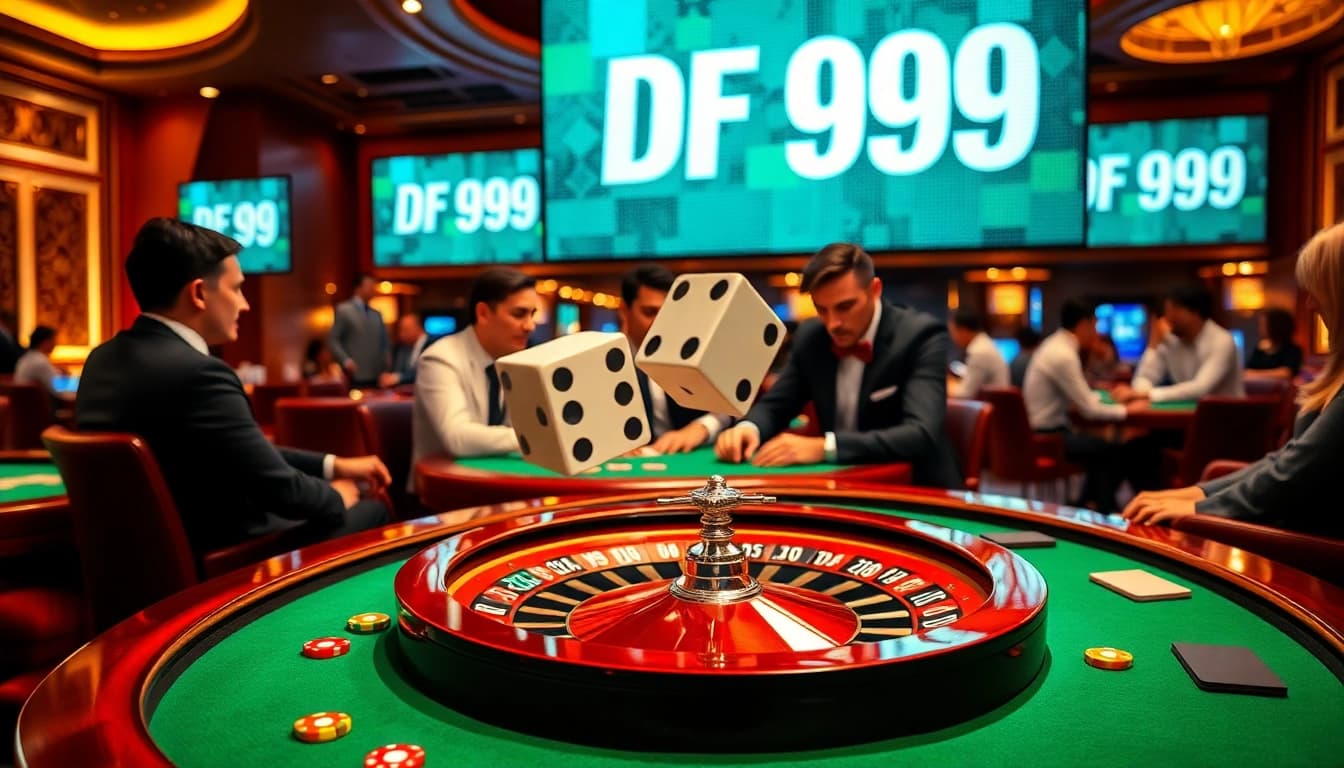 Players enjoying a thrilling round of poker at the luxurious DF 999 casino setup.