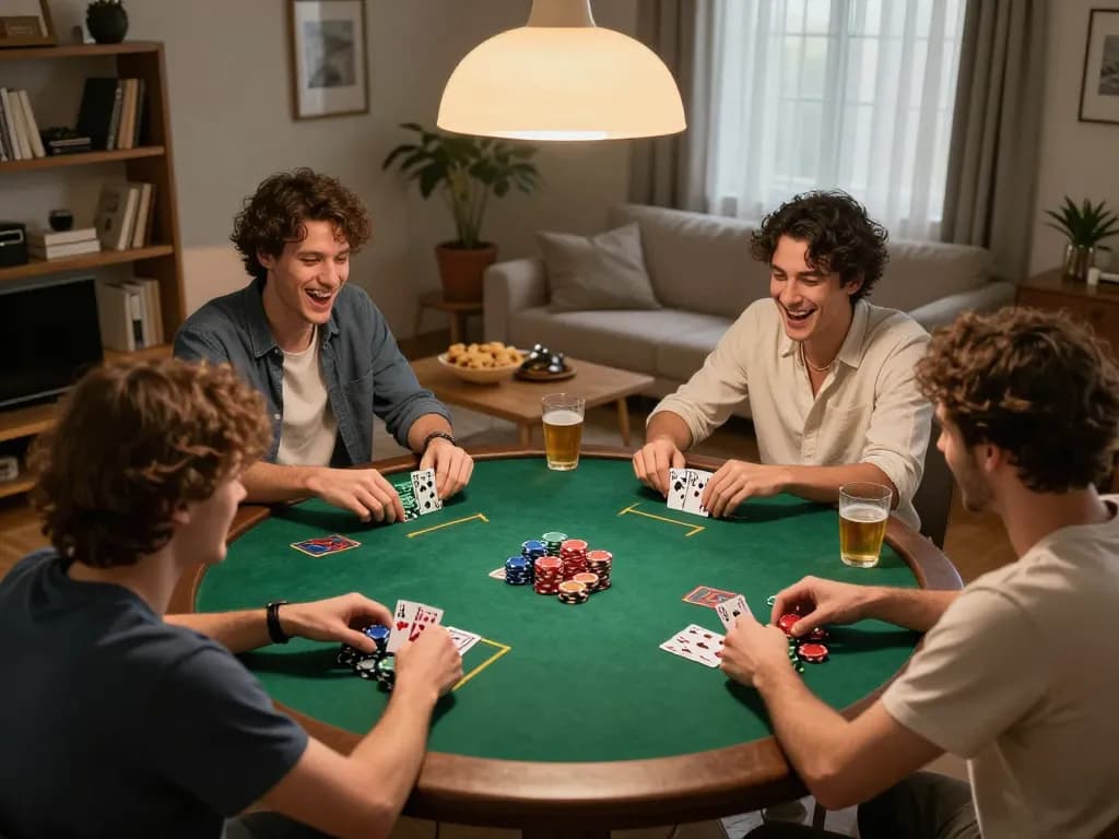 Friends playing poker during a lively home game night, enjoying the excitement of IDCWIN88.