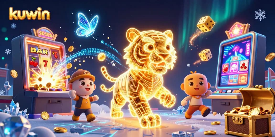 Kuwin brings excitement as a neon tiger roams a vibrant virtual casino, surrounded by jackpot symbols and treasures.