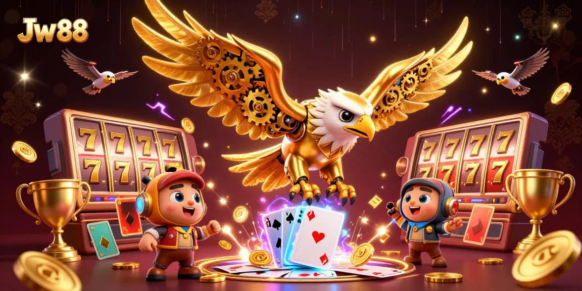 Engage with exciting games at Jw 88, featuring a vibrant animated casino scene full of characters and elements.