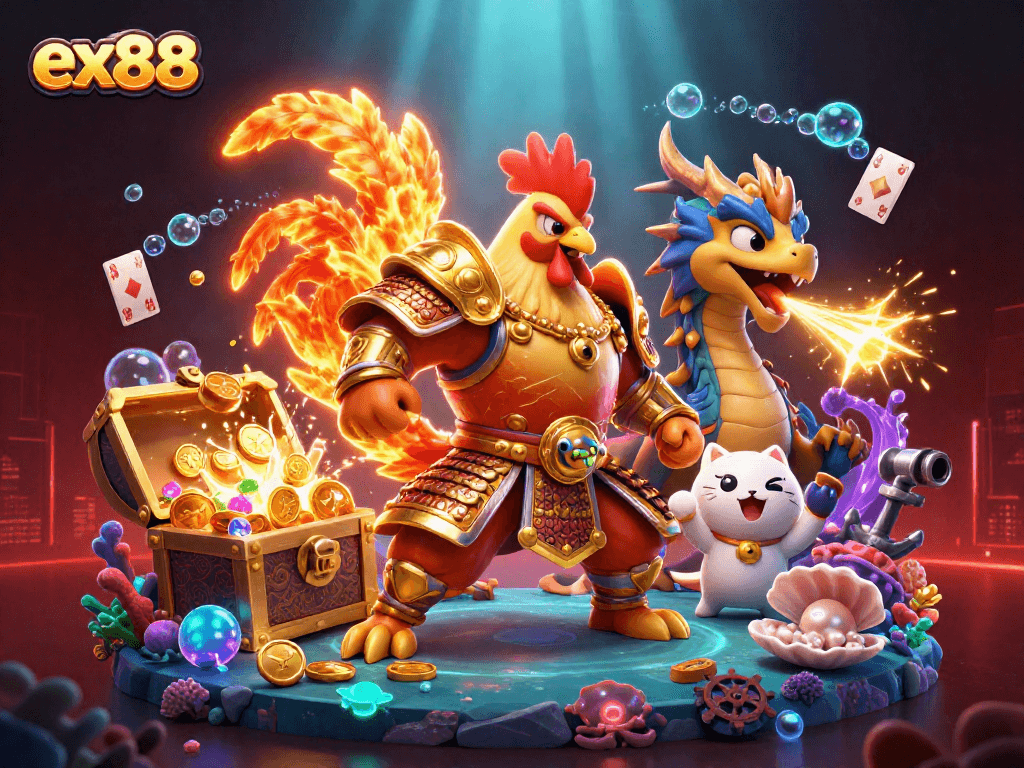 Experience the excitement of ex88 with animated characters amid vibrant casino scenes.