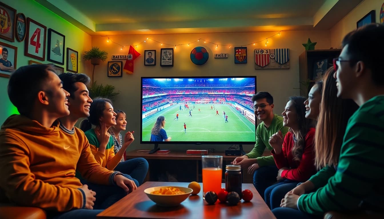 Cakhia TV trực tiếp bóng đá: Fans enjoying a live football match in a cozy setting