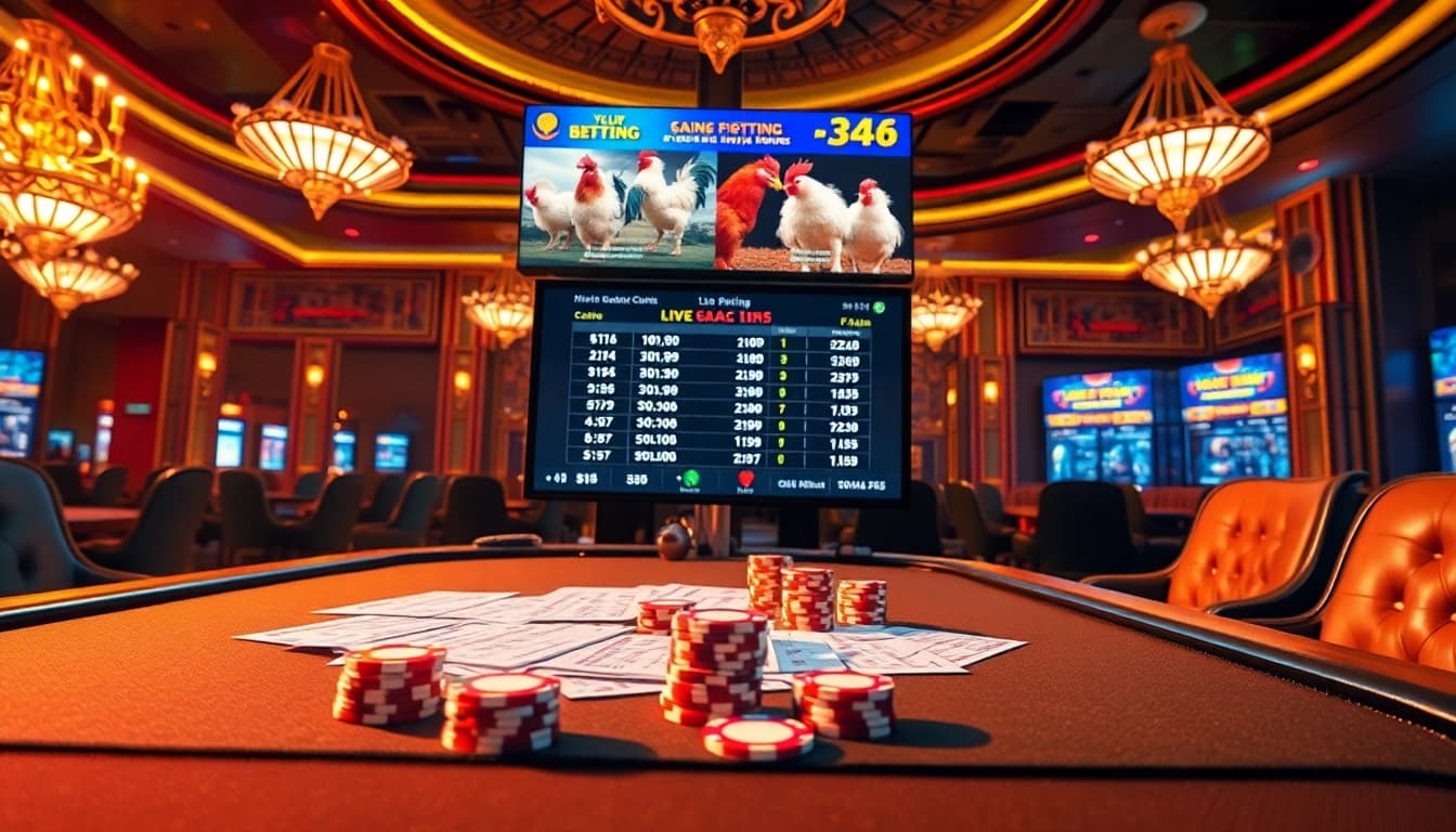 Engaging scene of sv368 đá gà live betting at a vibrant casino table, highlighting excitement.