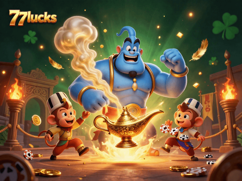 77lucks memberikan nuansa kasino dengan lampu genie dan koin emas berkilauan.