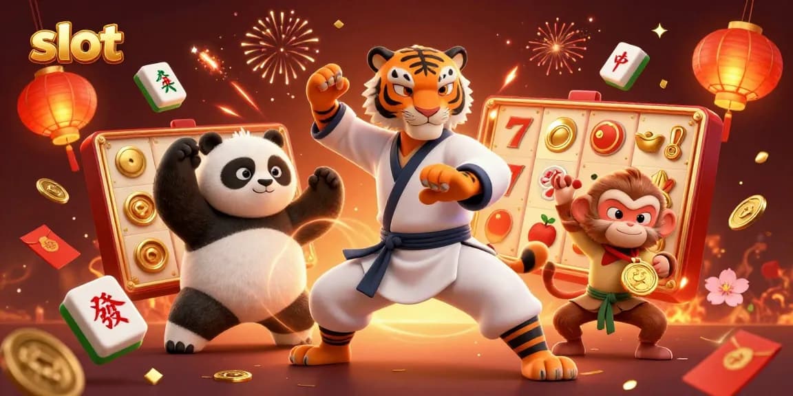 Gulungan slot dengan simbol buahnya, dikelilingi karakter lucu di kasino.