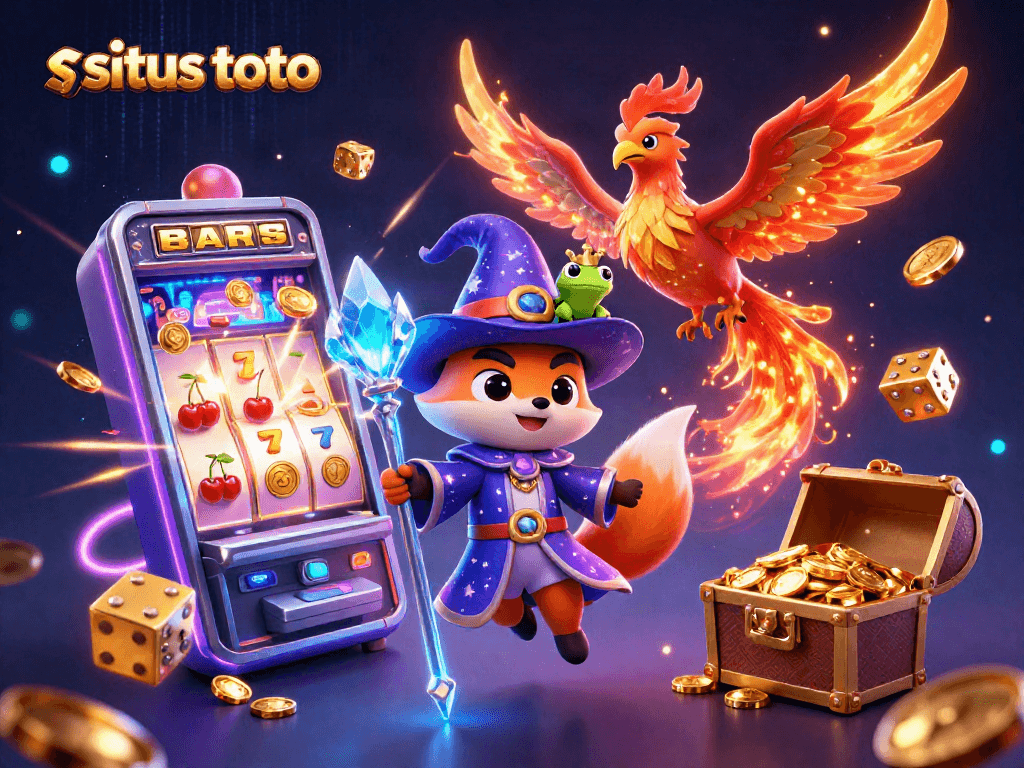Menangkan jackpot di situs toto dengan ilustrasi magis kasino dan penyihir 3D.