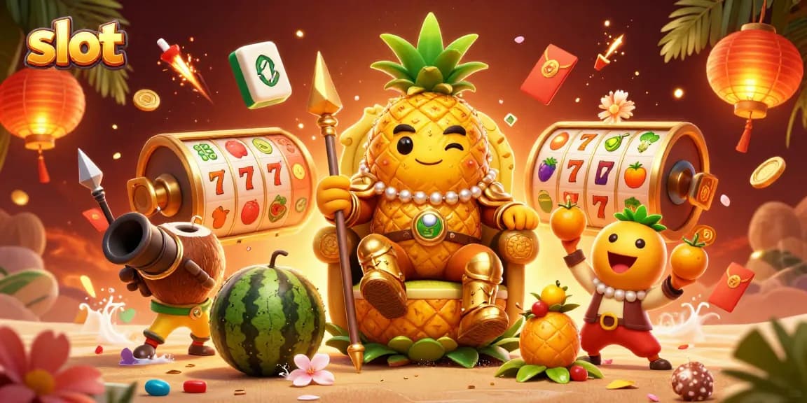 Memenangkan permainan slot dengan Raja nanas emas yang megah dalam ilustrasi kasino pantai.