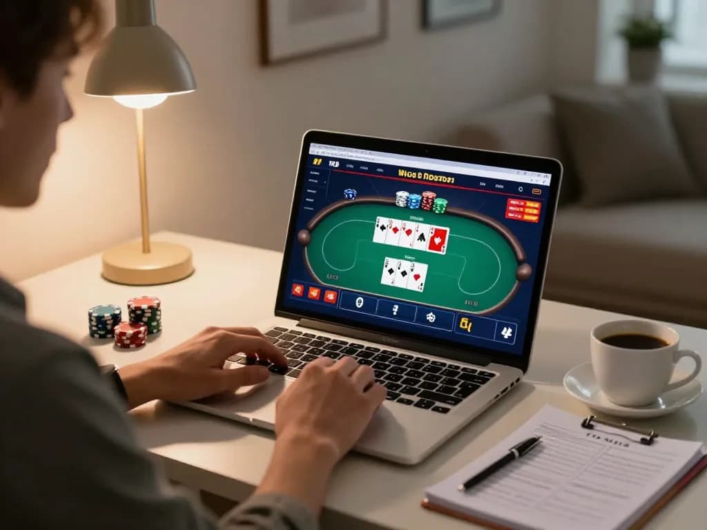 78win player enjoying a poker game on their laptop in a stylish home office.