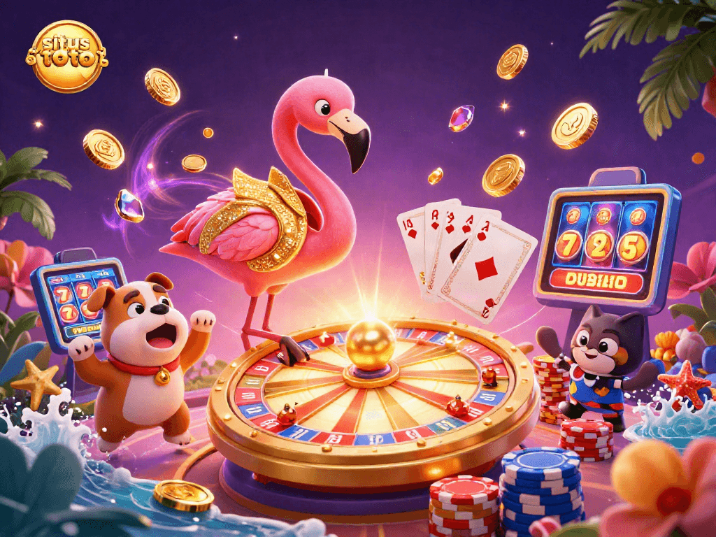 Visualisasi situs toto yang menampilkan flamingo pembawa acara, bulldog, dan kucing pada suasana kasino yang meriah.