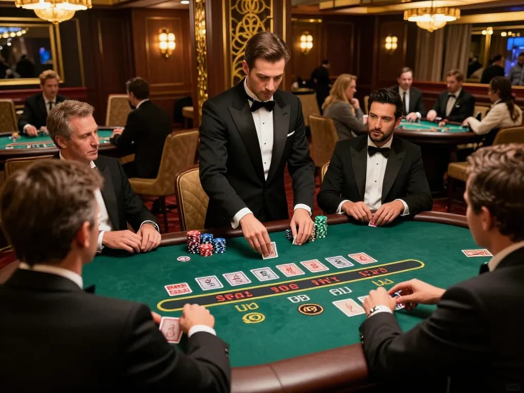 Engaged players strategizing at keonhacai blackjack table in stunning casino ambiance