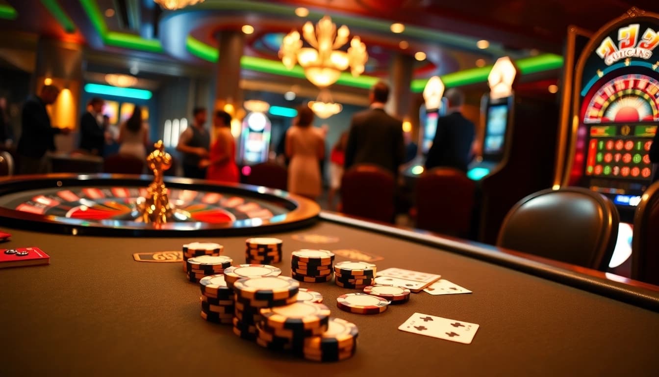 Experience the thrill of gambling at 69VN with a luxurious casino scene showcasing poker tables and a roulette wheel.