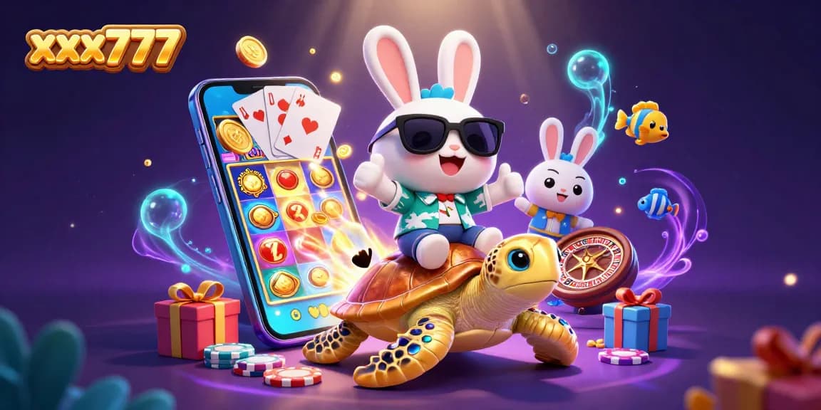 Experience the excitement of xxx777 with a lucky rabbit and a golden sea turtle in a vibrant casino scene.