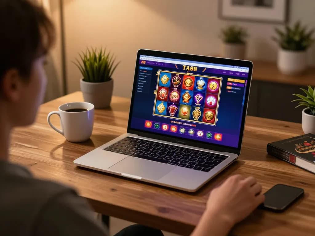 Player engaging with TA88 online gaming interface on a laptop, showcasing vibrant gameplay and cozy personal setup.