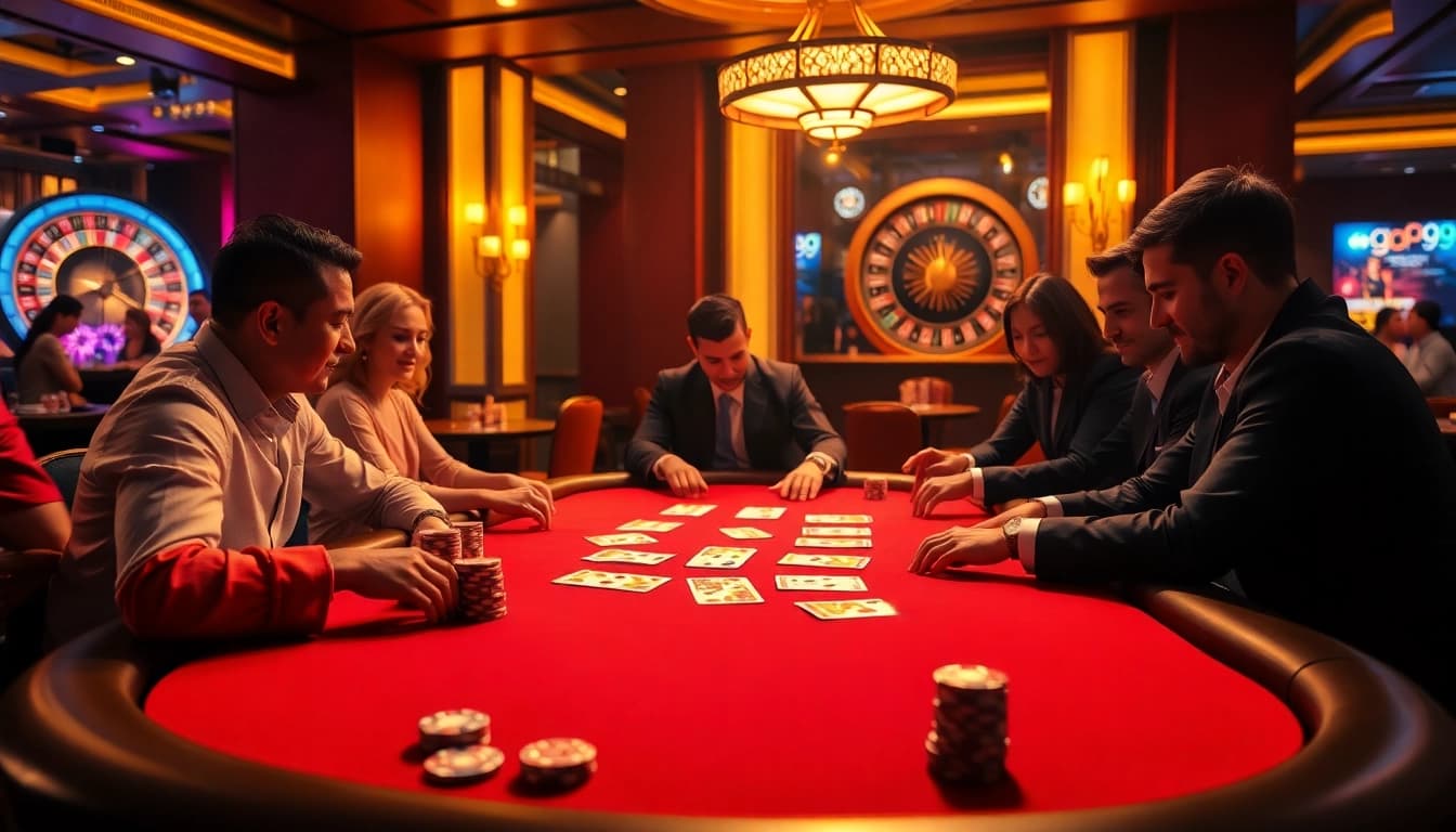 Engaging poker game at go99, showcasing high-stacked chips and intense players.