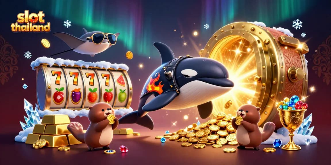 Experience excitement with slot thailand, showcasing a dynamic scene with an orca, stingray, and sea otters amid golden symbols.