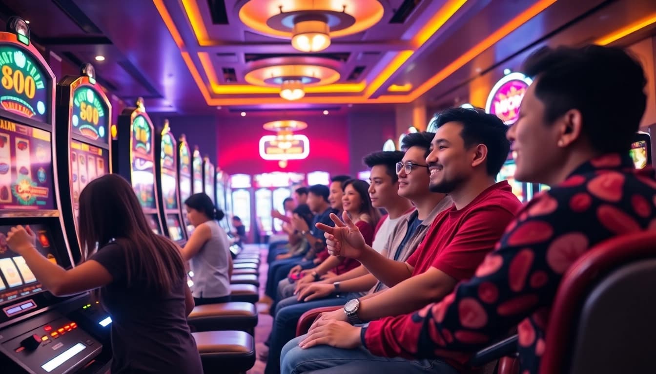 Exciting slot gacor gaming atmosphere with players enjoying vibrant machines and engaging visuals.