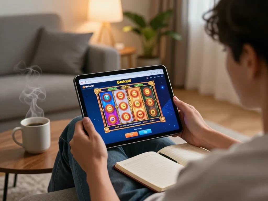Player using gtatogel app on tablet for a thrilling online slot game experience.