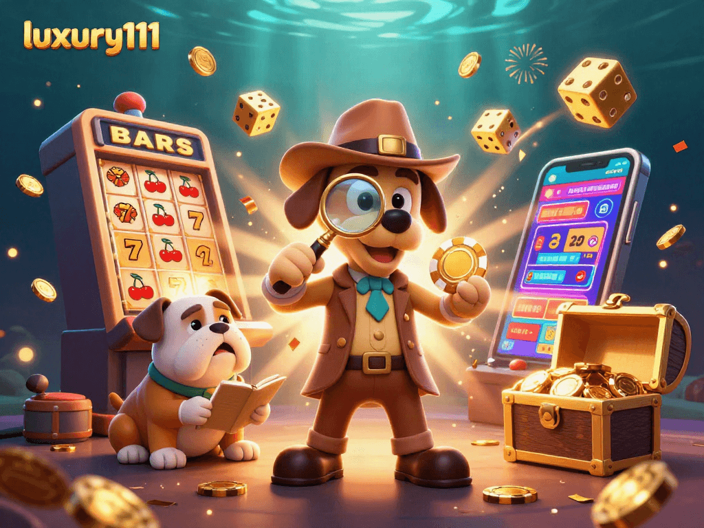 Win big with luxury111 while a detective uncovers casino treasure amid thrilling game symbols.