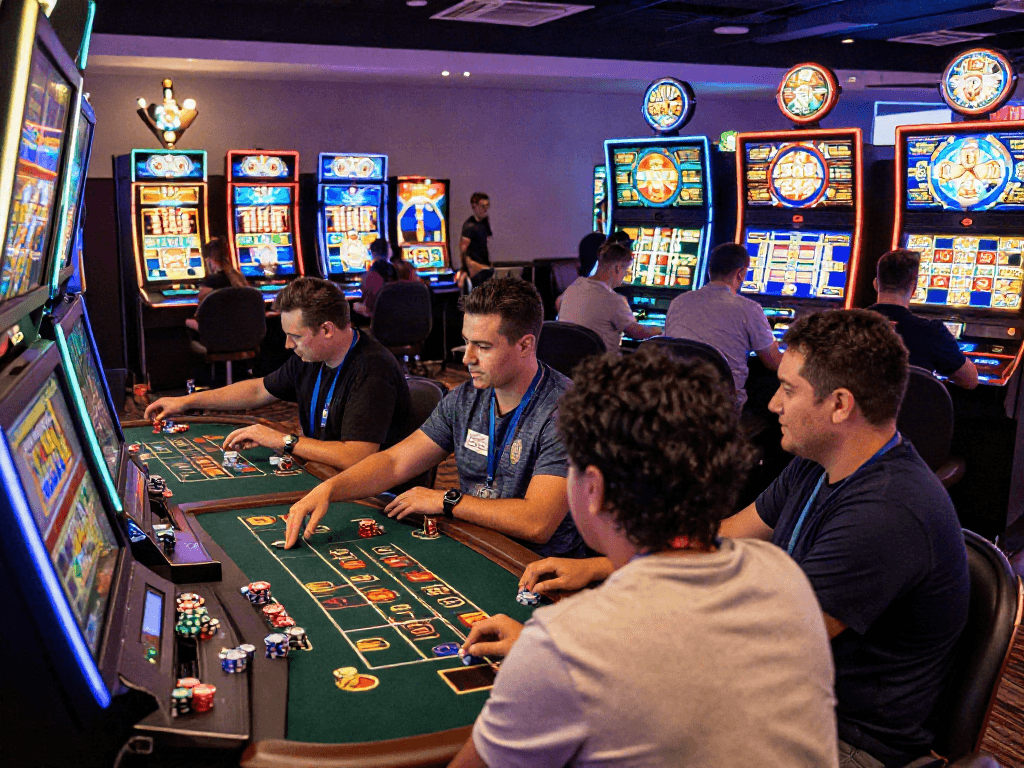 Bandar slot online dengan pemain antusias di kasino digital yang modern.