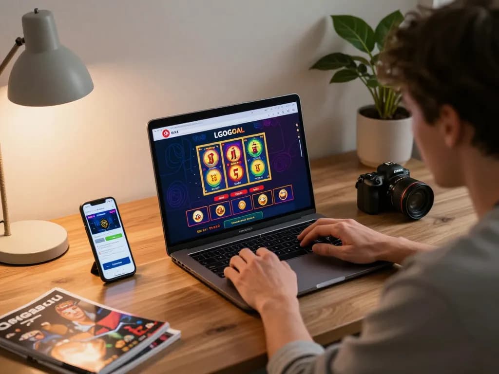 Player engaging with LGOGOAL online casino on a laptop, showcasing vibrant gaming interface and strategic gameplay approach.