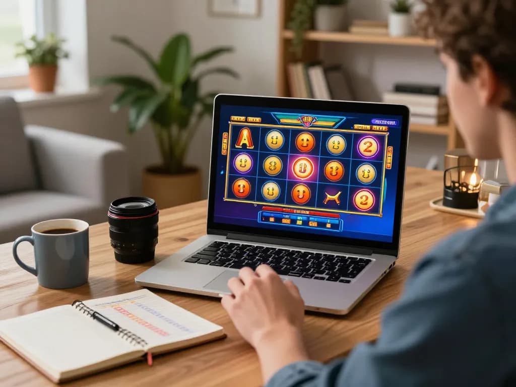 IDNSCORE user enjoying an online slot game at home, showcasing gaming strategy and personal space