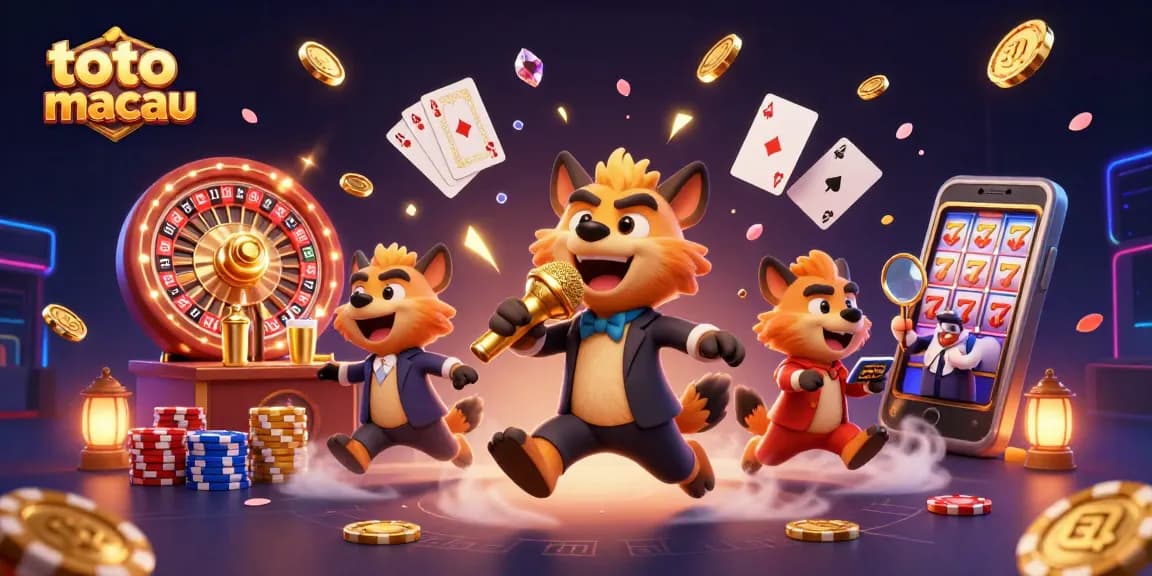 Toto Macau memberikan suasana kasino yang ceria dengan panel hyena, tumpukan chip, dan banyak koin emas.