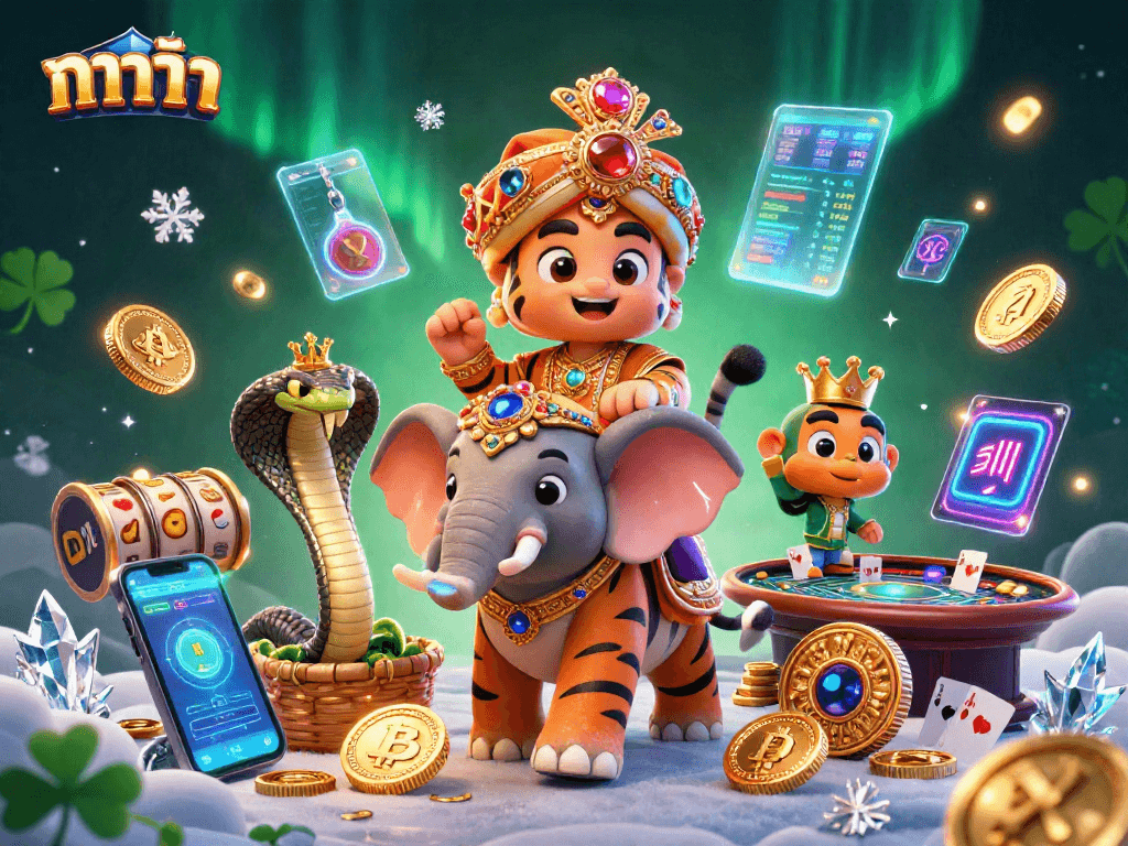 Engage in baccarat with a vibrant image featuring a maharaja tiger, casino elements, and neon cryptocurrencies.