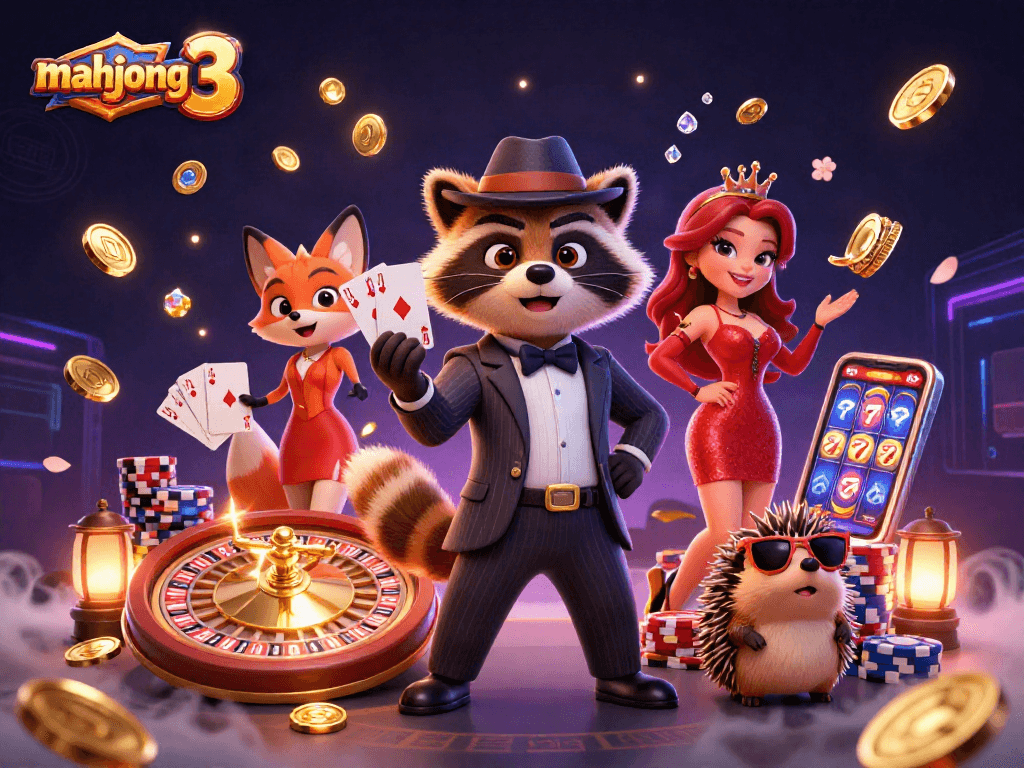 Experience the excitement of mahjong 3 with a suave raccoon, stunning fox, and hedgehog bouncer in this vibrant casino scene.