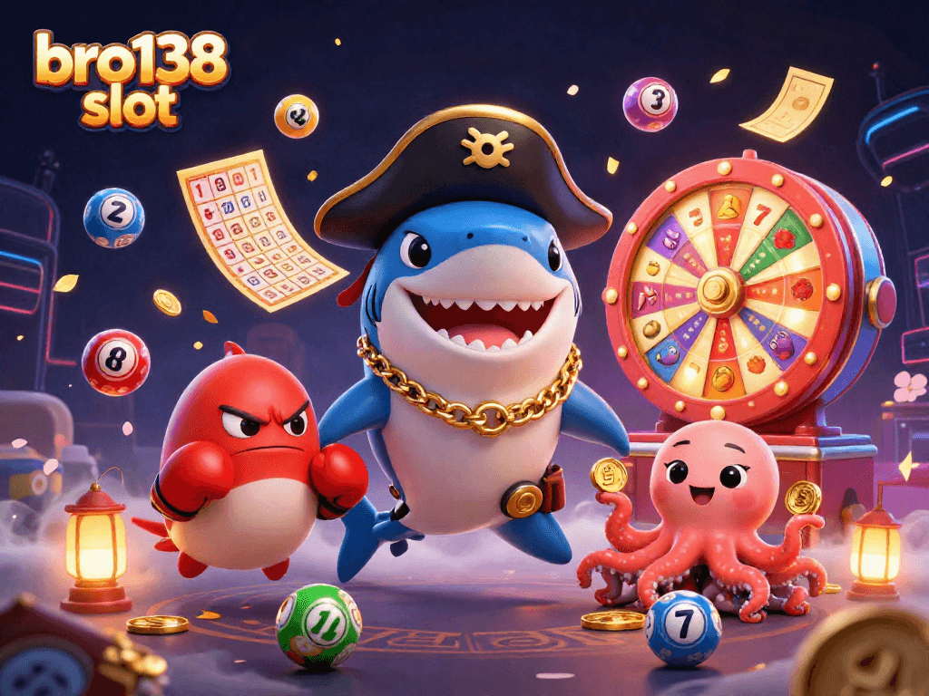 Engaging bro138 slot scene with a fun pirate shark and pufferfish, surrounded by lottery elements and vibrant colors.