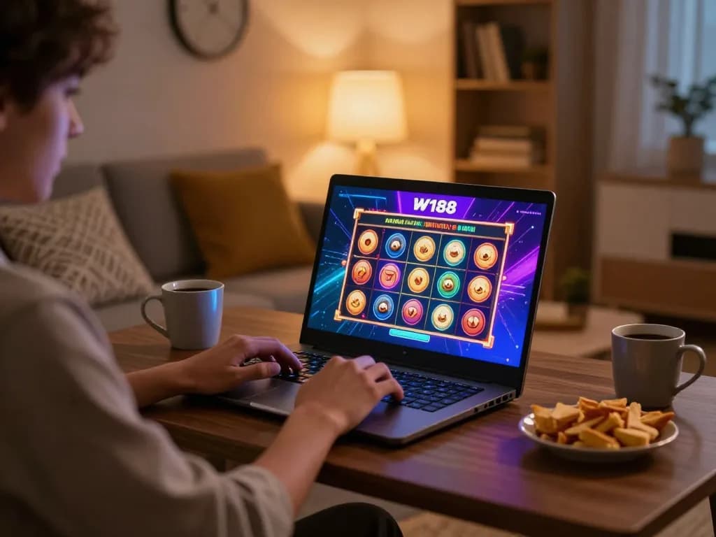 Experience online gaming with https://w188.bid/ displayed on a laptop screen in a warm, inviting home environment.