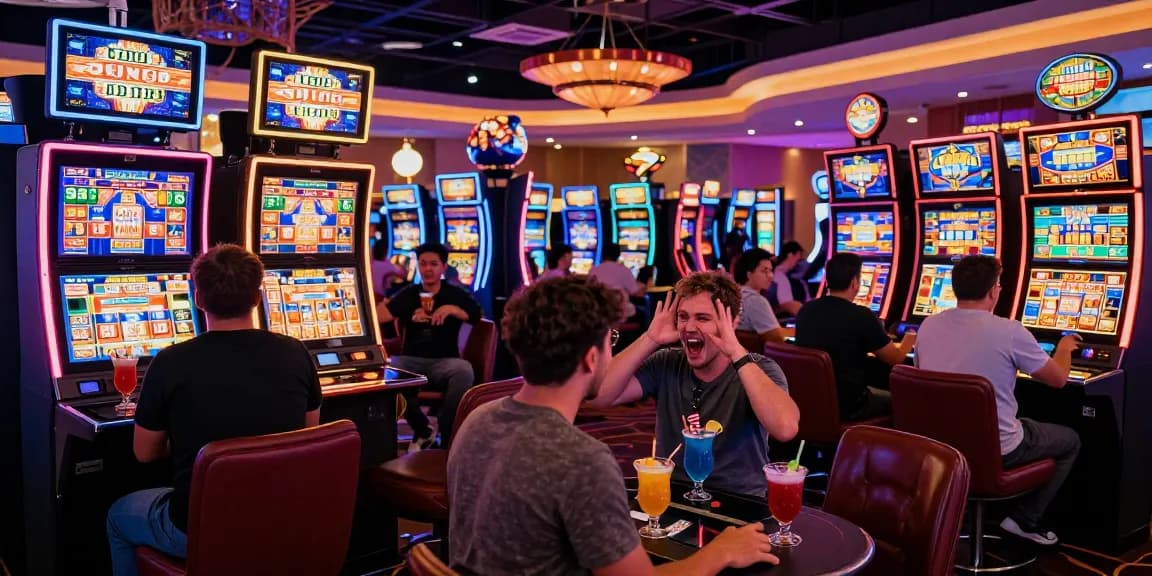 Slot online dengan suasana kasino yang energik, pemain bersemangat di mesin slot.