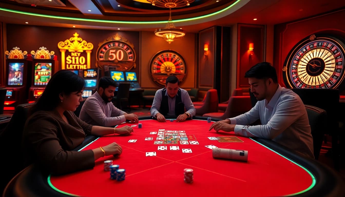 Engaging players in a lively Dominoqiu game at an online casino, showcasing vibrant gaming elements.