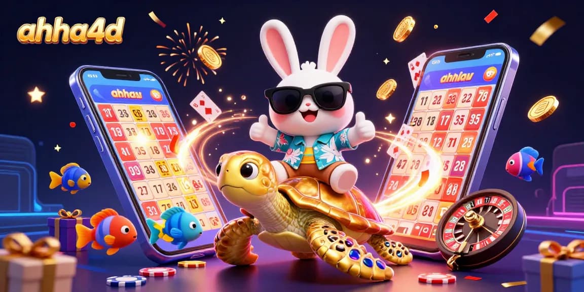 Play lottery effortlessly with ahha4d, featuring a cheerful rabbit and golden turtle in a vibrant casino scene.