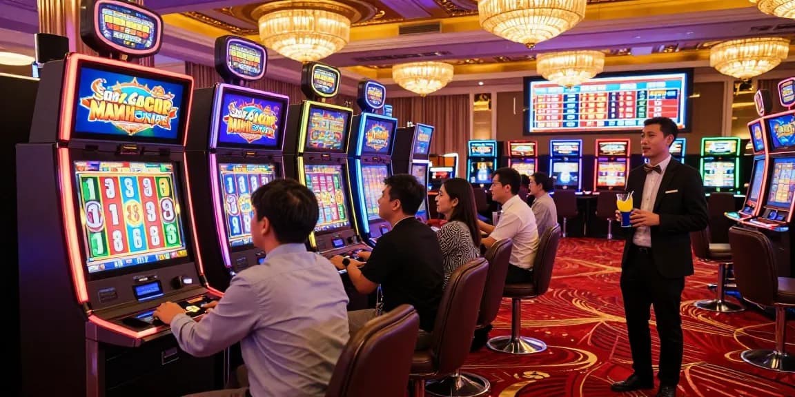 Players enjoying Slot Gacor MAHJONGJP88 in a lively casino atmosphere with vibrant lights and engaging energy.