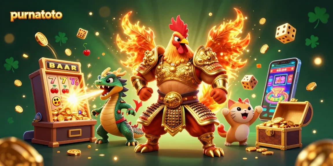 Purnatoto menghadirkan ilustrasi 3D ayam aduan yang kuat dengan mesin slot menghasilkan jackpot dan koin terbang.