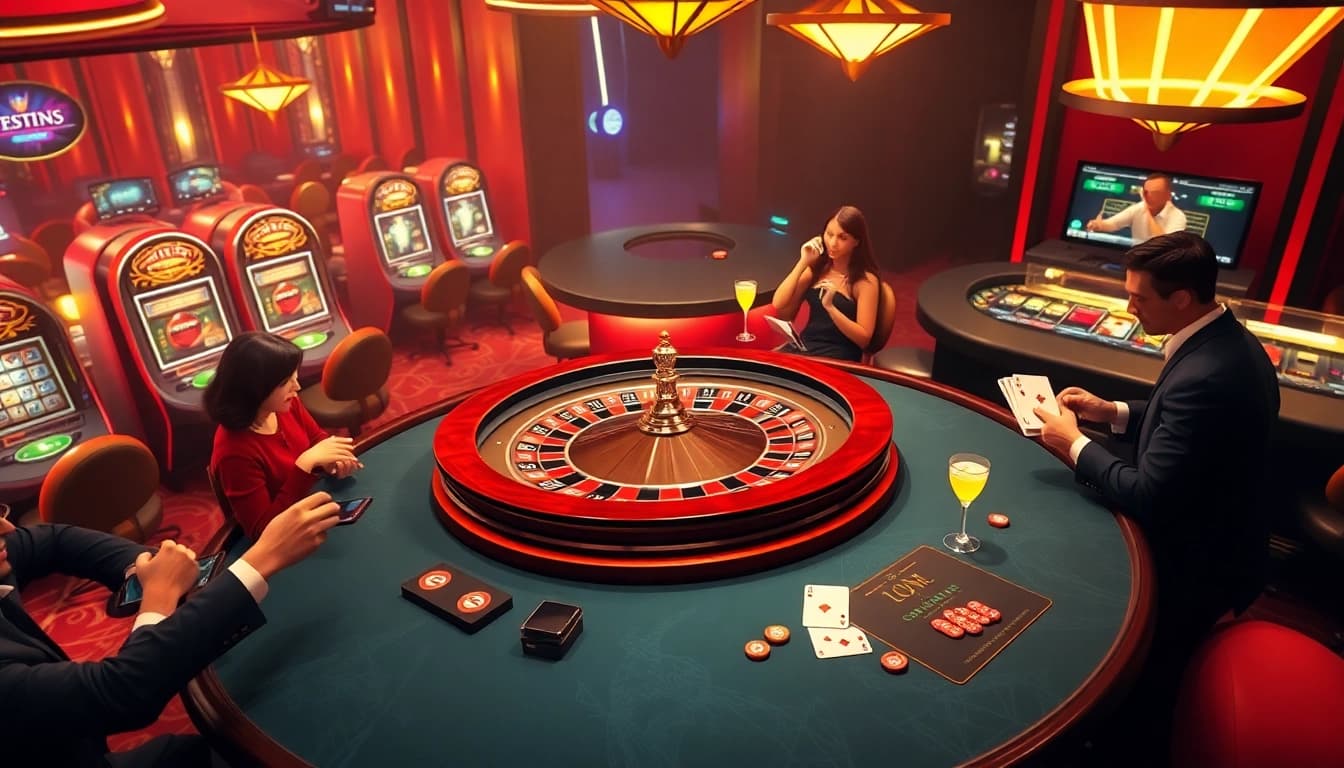 Experience excitement with players at https://luck8com.host/ betting at a stylish roulette table in a vibrant casino.