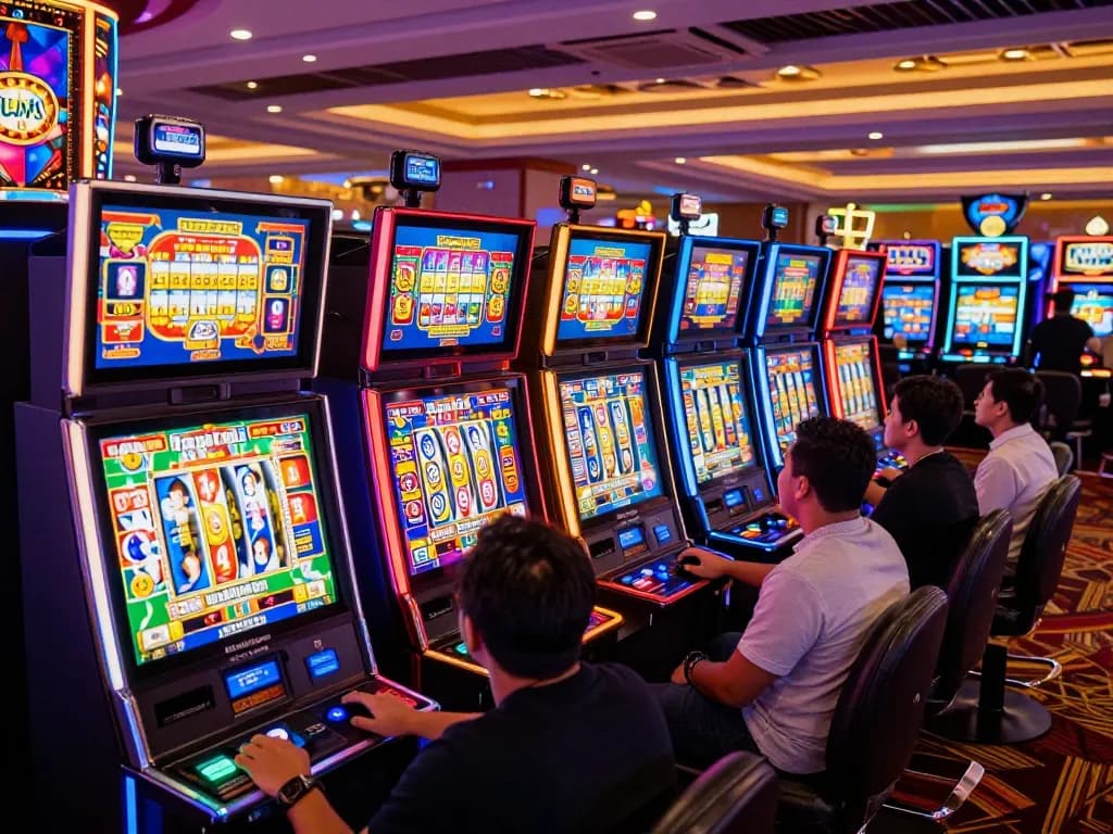 Engaged players enjoying Rajabet123 Slot at a vibrant casino slot area with dynamic gameplay.