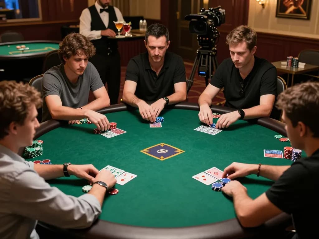 Engaged players at a high-stakes poker game at 56win.autos, showcasing the thrilling casino atmosphere.