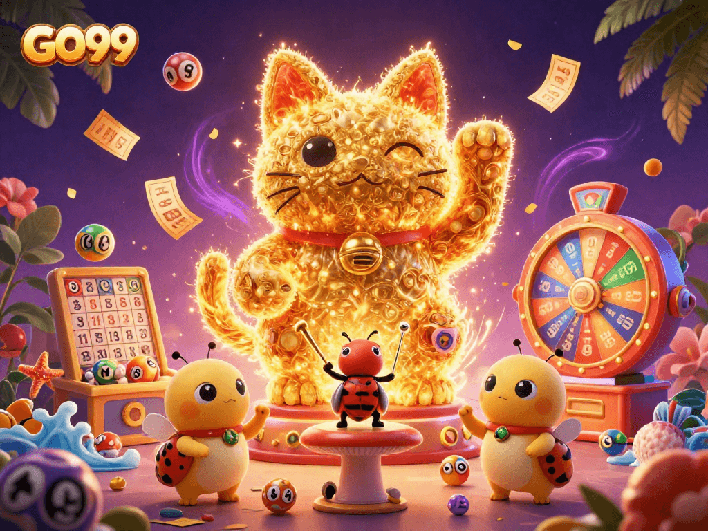 Catch the excitement with GO99's vibrant casino-themed digital illustration showcasing a lucky cat and colorful elements.