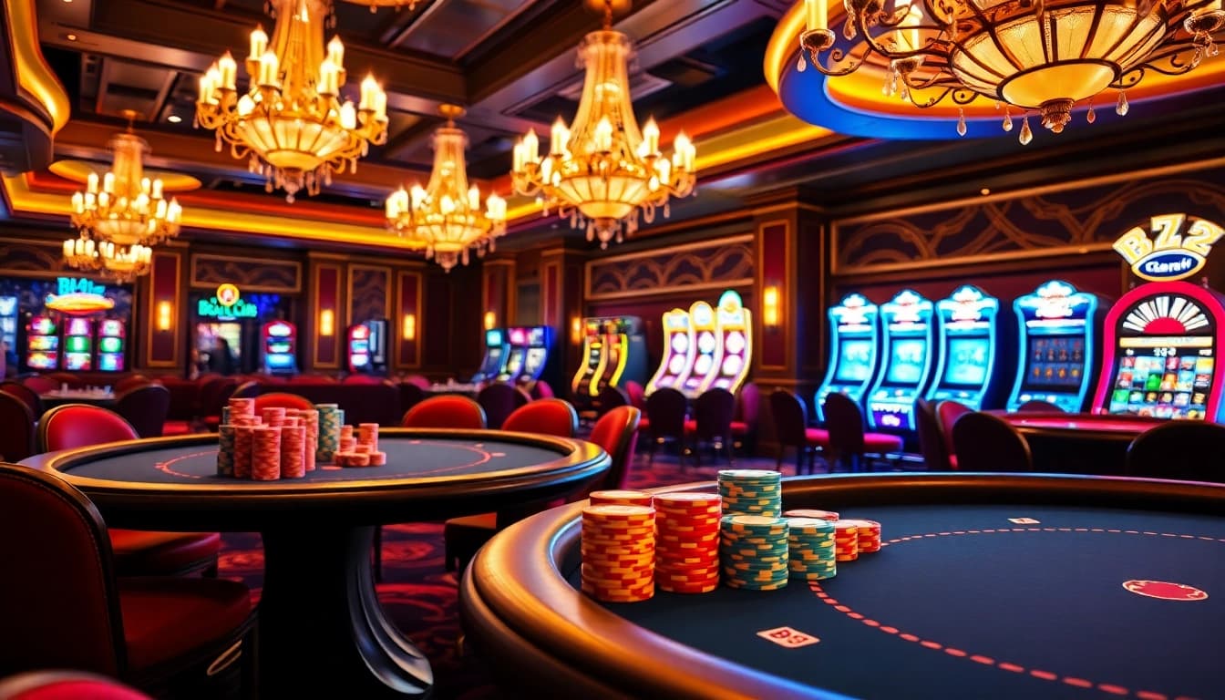 Experience the excitement of gambling at B52 Club with vibrant casino action, poker chips, and slot machines.