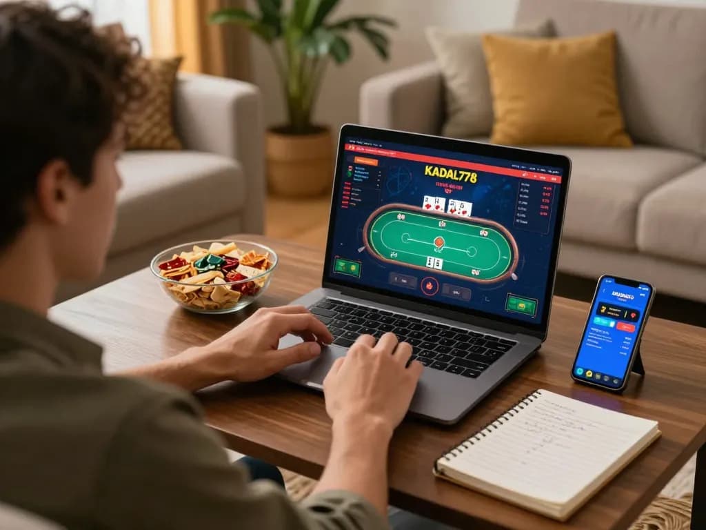 KADAL778 player engaged in online poker at home, showcasing cozy atmosphere and responsible gaming.