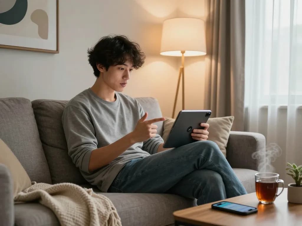 Engaging in AI sexting on a tablet in a cozy home setting with playful decor elements.