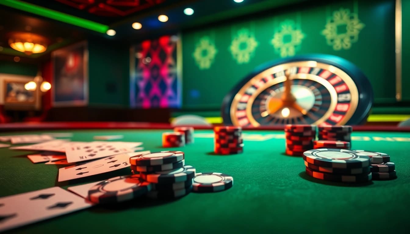 Naga99 gaming scene with an elegant poker table and chips, enhancing the thrill of casino gaming.