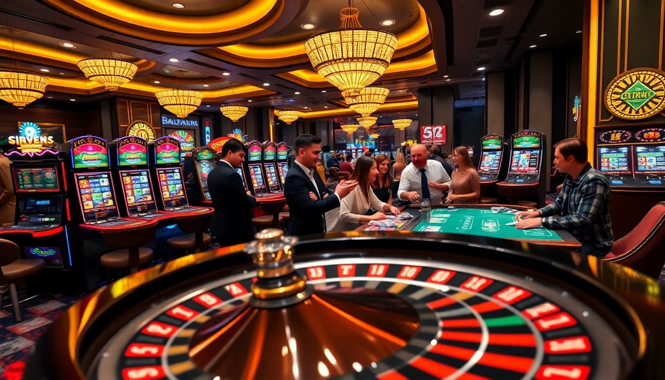 Excited players engaging at a vibrant casino table in situs11, with colorful poker chips and spinning roulette.